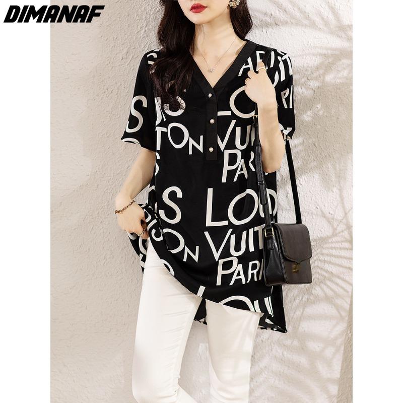 

DIMANAF 2024, новая весенняя стильная блузка больших размеров, рубашка с коротким рукавом, женская свободная повседневная рубашка с буквенным принтом, черные топы M чёрный