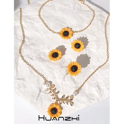 Cute Sweet Resin Flower Pendant Metal Leaves Chain Sunflower Necklace Bracelet Rings Earring Set Jewelry HUANZHI 2023 NEW