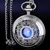 Pocket Watch Hollow Blue Starry Sky Dial Roman Numerals Quartz Pocket Watches with Necklace Christmas Birthday Gifts