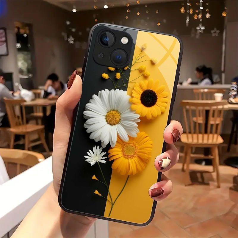 

Cute Sunflower Pattern Tempered Glass Phone Case For iPhone 17 16 15 14 13 12 11 Pro Max 17Air 16E 7 8 Plus XR XS X Cover iPhone 14
