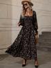 Abito Maxi a Maniche Lunghe con Scollo Quadrato e Stampa Floreale, Elegante Abito Estivo A-Line da Donna con Orlo a Volant