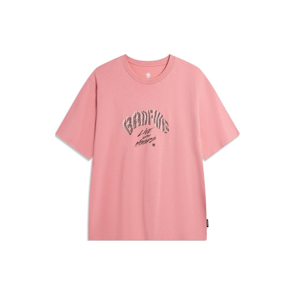 Li-Ning Badfive Letter Print Crew Neck T-Shirt Men Tops Apricot Pink AHSU427-6