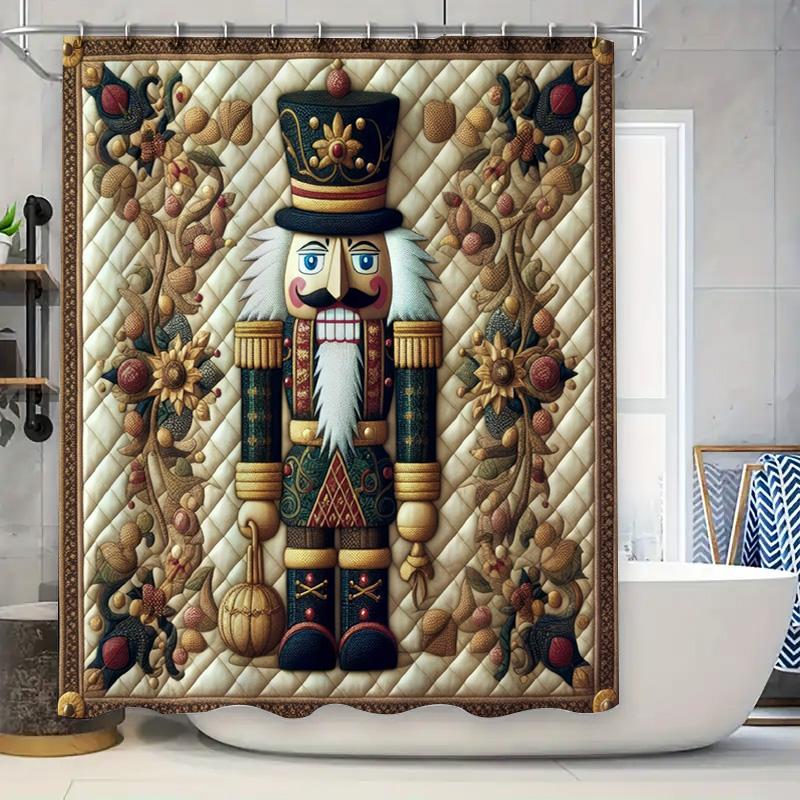 Classic Nutcracker Soldier Shower Curtain , Green Gold Uniform Design for Traditional Christmas Bathroom