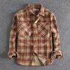 American Men's Khaki Plaid Corduroy Long Sleeve Retro Shirt - Comfortable Art Trend