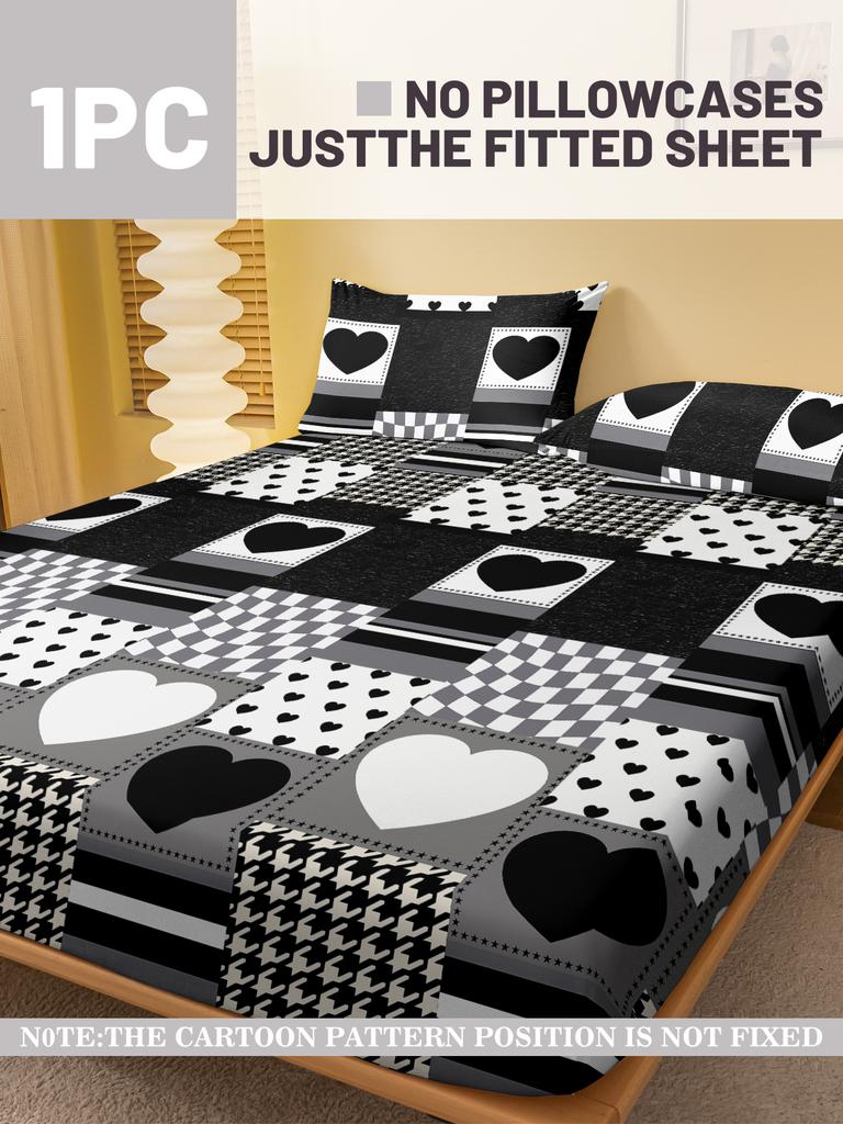 1 Simple Modern Heart-Shaped Geometry Printed Matte Fitted Sheet, Bedroom Printed Bed Cover, Bedding (Excluding Pillowcases)
