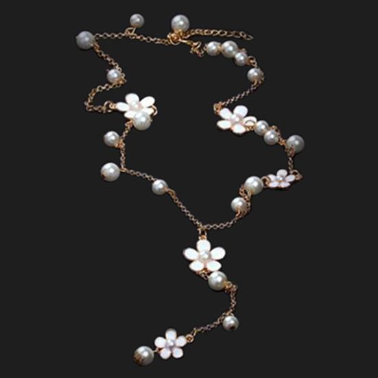 Elegante collana di perle finte con fiori, catena lunga, gioielli da donna mondana