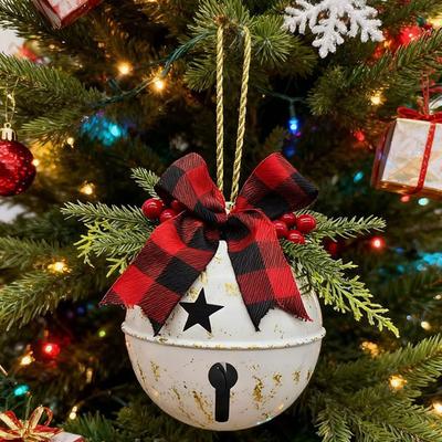 Holiday Season Metal Christmas Bells Ornament Featuring Holly Berry and Bow for Tree Door and Party Decorations