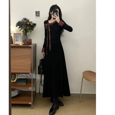 French Niche Style Large Size Hepburn Style Small Black Dress Bow Long Sleeve Dress Covering the Stomach, Showing Thinness and Super Personality