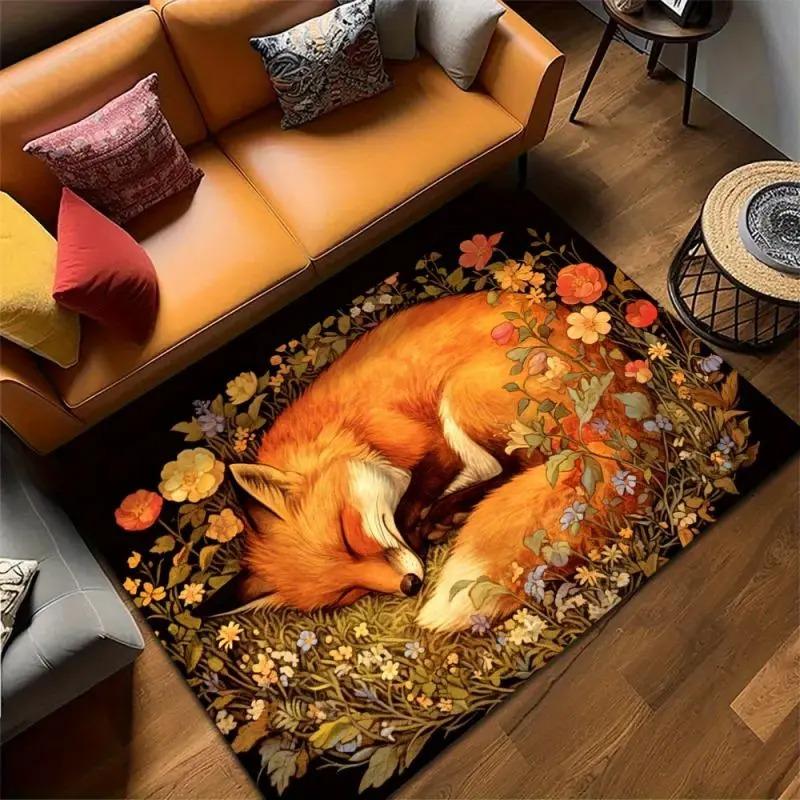 Fox Print Area Rugs Non-Slip Flannel Carpets for Home Living Room Kitchen Bedroom Rug Machine Washable Floor Mat INS