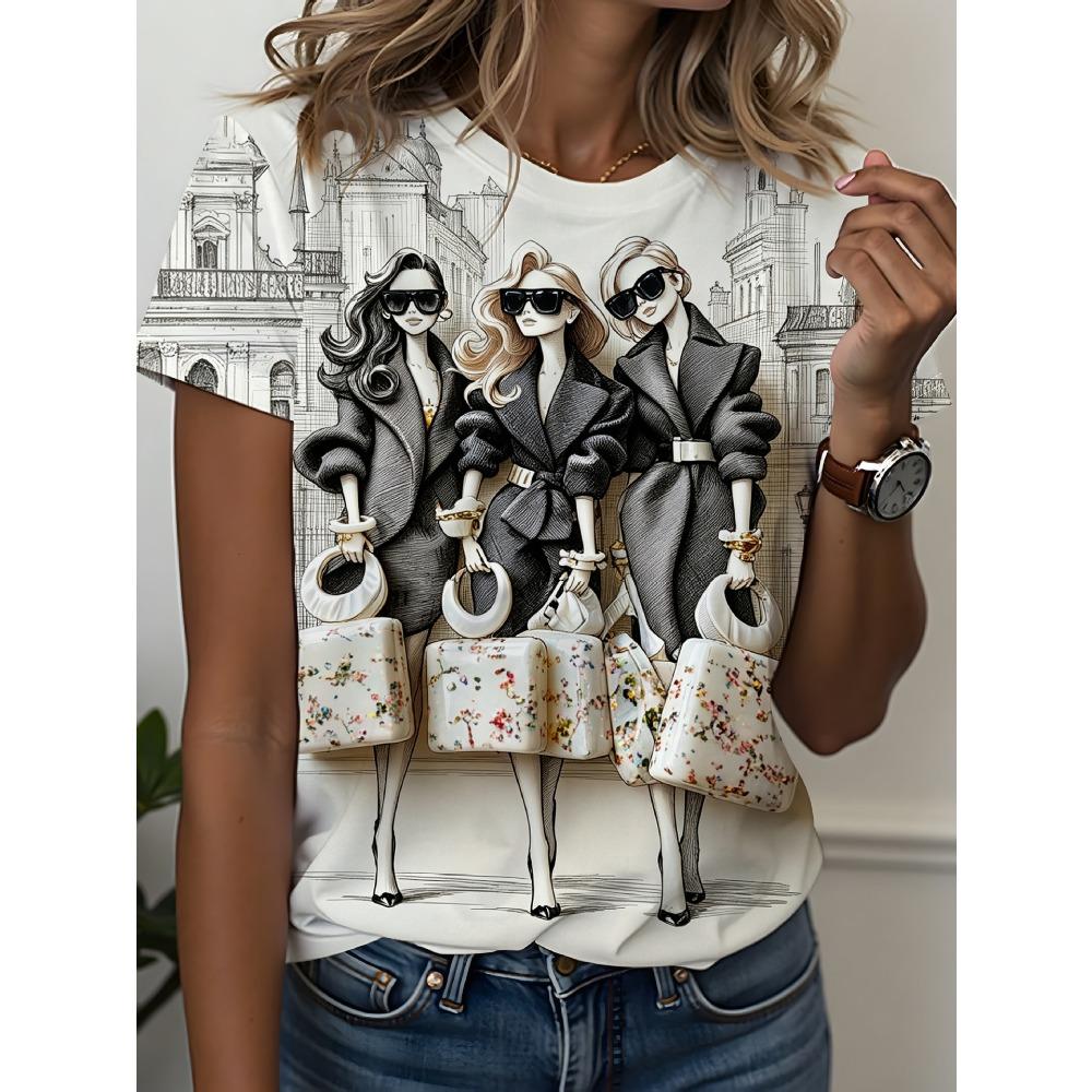 Summer Fashionable Round Neck Short Sleeved T-shirt Comfortable Breathable Creative Portrait 3d Printed Loose Women's Commuter Versatile T-shirt