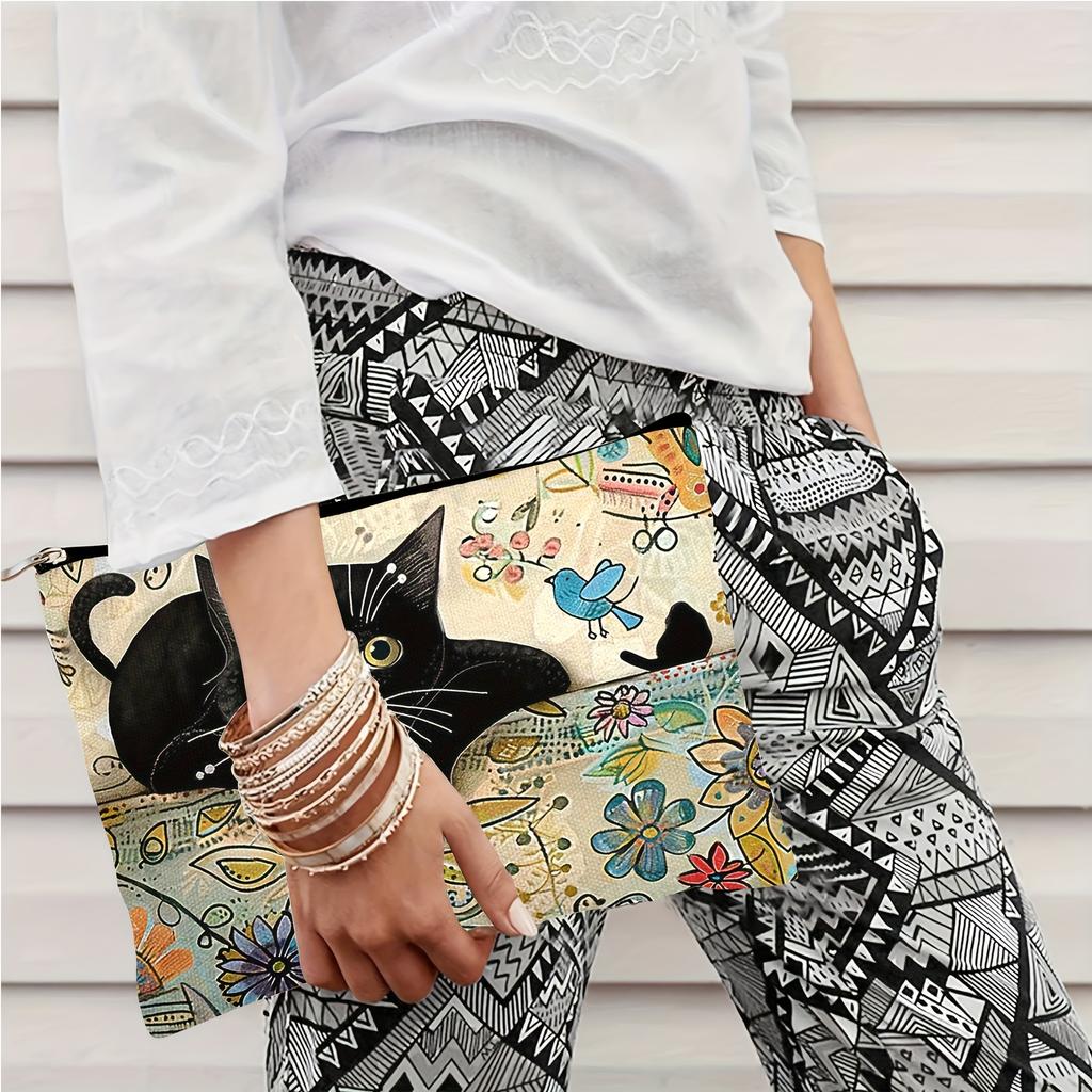 Chic Cat Pattern Canvas Makeup Bag - Versatile Storage Pouch for Cosmetics, Toiletries & Stationery - Ideal Teacher's Gift
