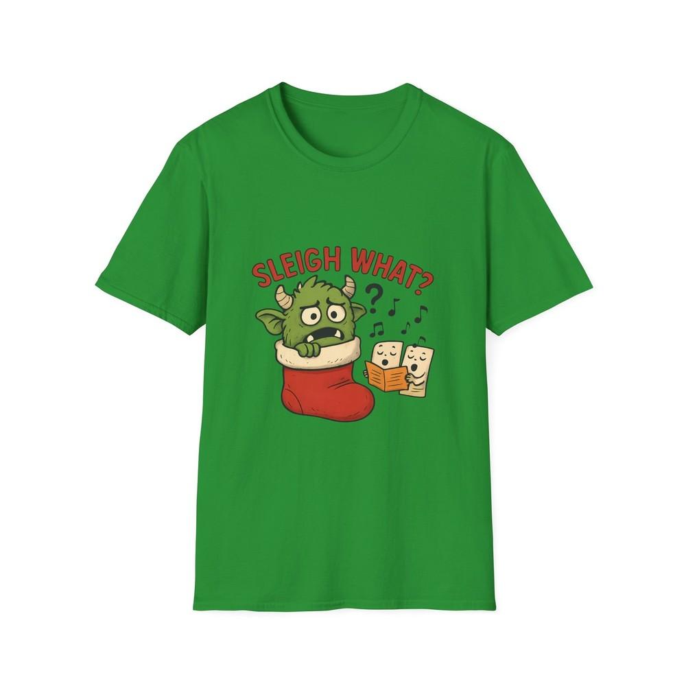 

Unisex Softstyle T-Shirt Funny Christmas Monster in Stocking Caroling Confusion L