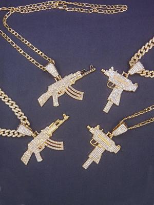 Herr Hip Hop 14K Guldpläterad AK-pistol Hänge Halsband Strass Daglig Festklädsel Mode Zirkon Accessoar