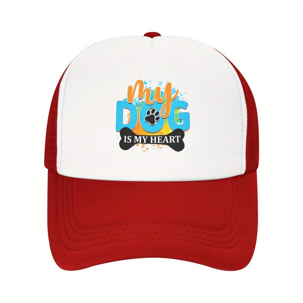 My Dog Is My Heart Paw Print Graphic Trucker Hat Polyester Breathable Casual Baseball Cap for Adults