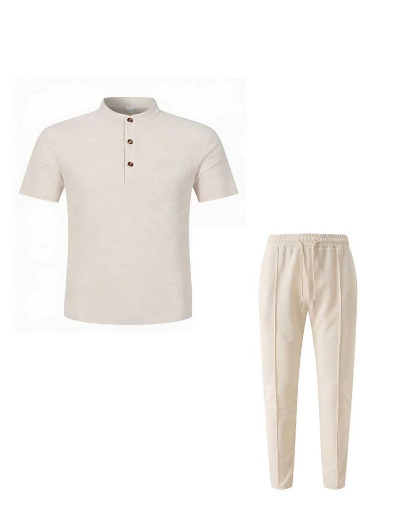 2026 Men's European & American Summer Henley T-Shirt + Drawstring Pants Set