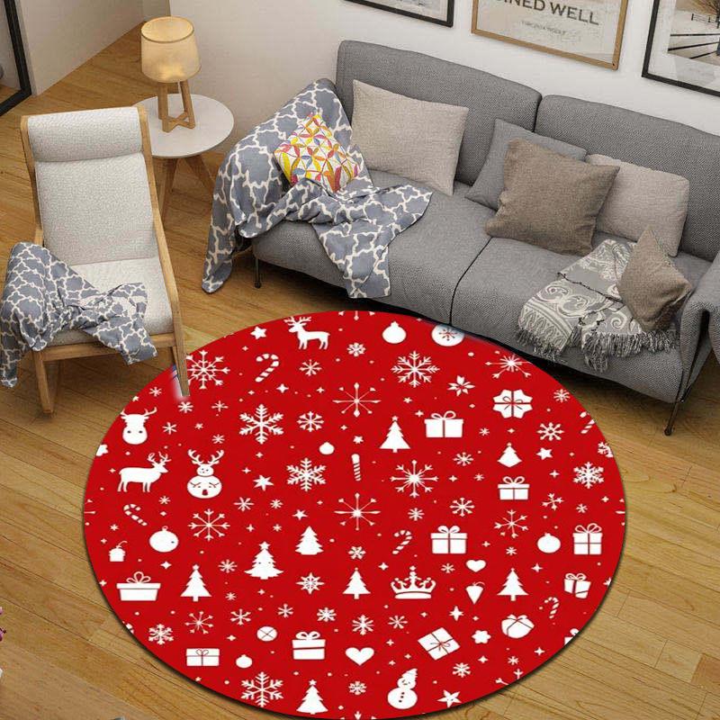 Round Carpet Christmas White Silhouette Snowflake Tree Reindeer Gift Red Decor