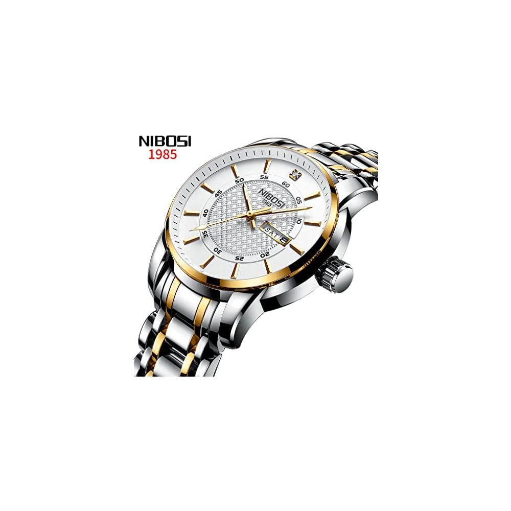 Nibosi Men's Classic Analog Watch Stainless Steel Waterproof Casual Date Display Metal Band White