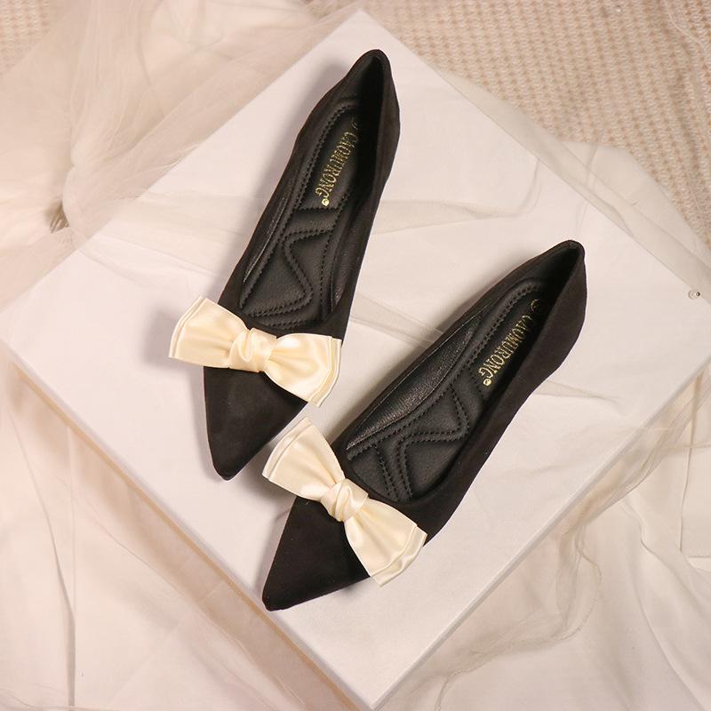 Fashion elegant ladies bowknot silk wedding shoes woman suede leather ballet flats pointy slip on loafers women bow moccasins big size43