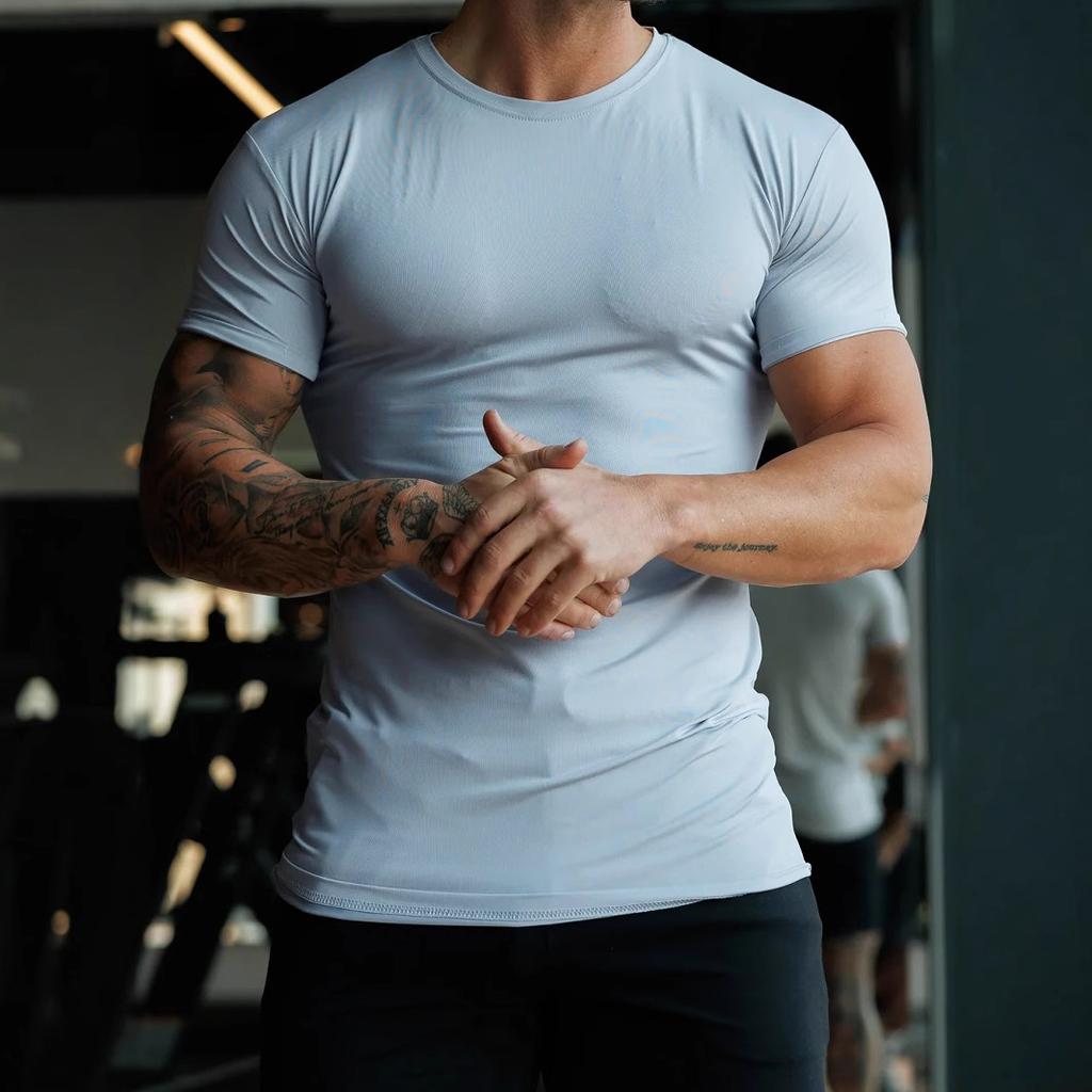 Large Size Matte Plain Men'S Summer Sports Fitness Casual Stretch Round Neck Short Sleeve T-Shirt For Men
