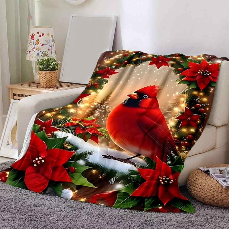 1pc Christmas Cardinal Holiday Wreath Home Decorative Throw Blanket Festive Poinsettia Floral Design for Couch, Bed, Car .W054