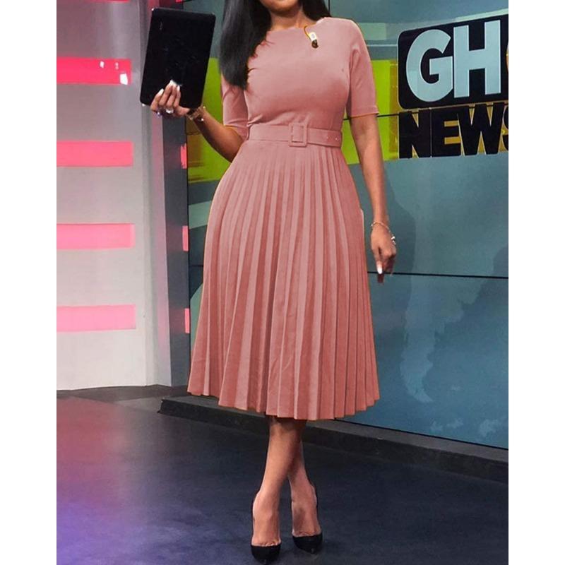 

YYFS Женская мода лето весна однотонный принт короткий рукав О-образный вырез высокая талия повседневные платья S