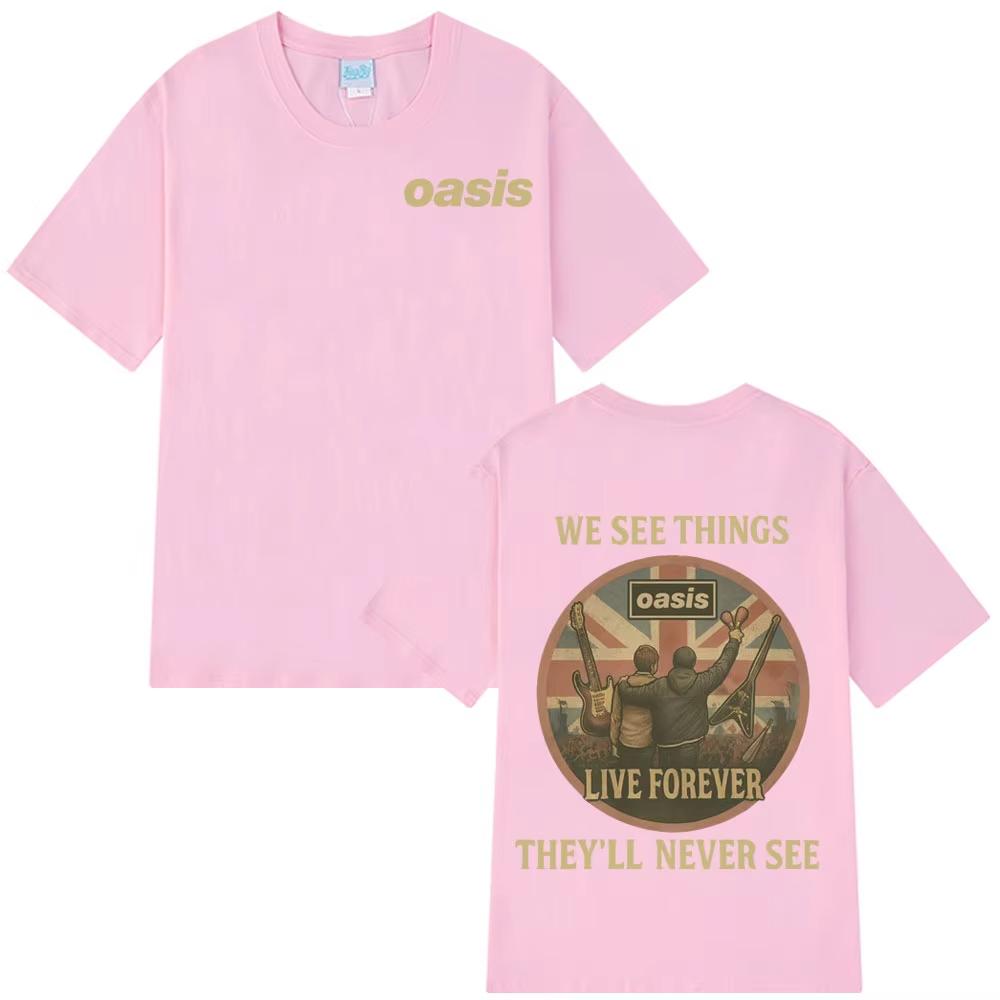 Oasis Live Forever Back Vintage Print T Shirt Men Women Pop Music Hip-hop T-shirts Short-sleeved Casual Loose T-shirts Ins Y2k