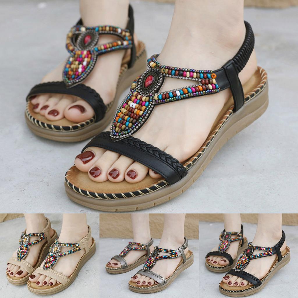 Bohemian Rhinestone Sandals For Womens Comfortable Round Toe Beach Vacation Plus Size Sandal Zapatos Para Mujer Sandalias Planas