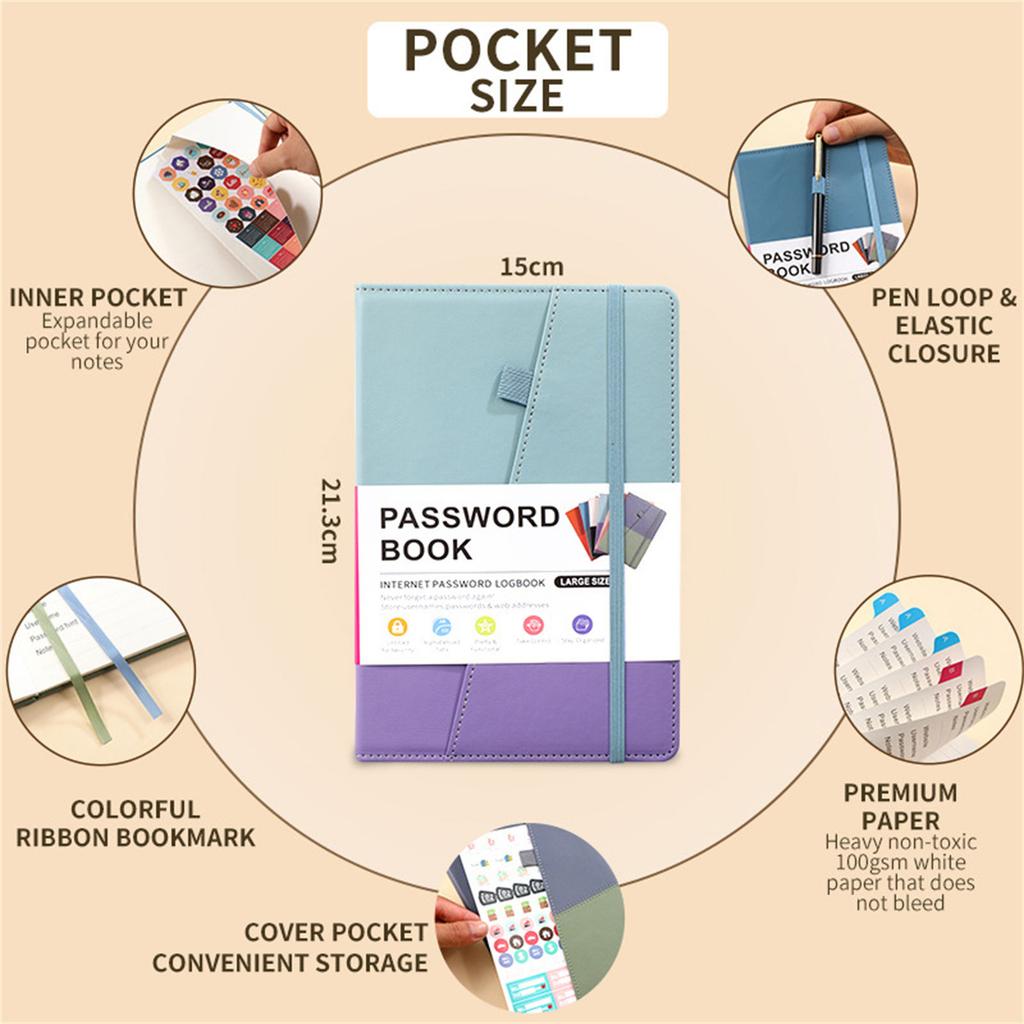 Modern A5 Password Journal PU Leather Notebook with Alphabet Tabs and Planner Stickers