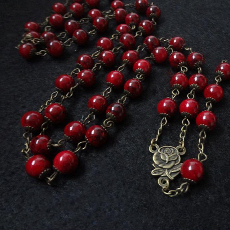 QIGO Cruz Rosa Antiga de Bronze Colar de Rosário Contas de Vidro Com Cálice Joias Religiosas