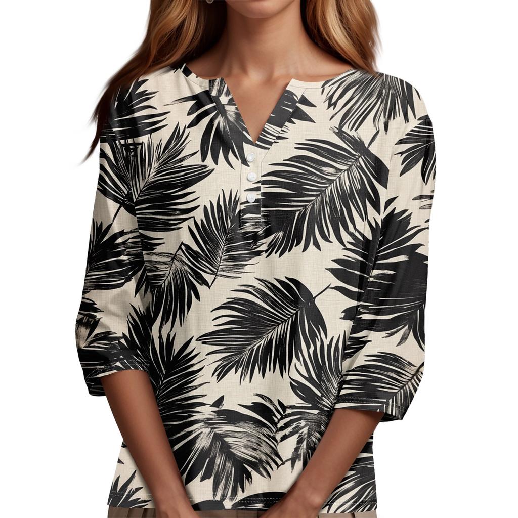 Damska koszulka z nadrukiem na guziki, rękaw 3/4, codzienna, weekendowa, modna, podstawowa, dekolt w serek, regularny top