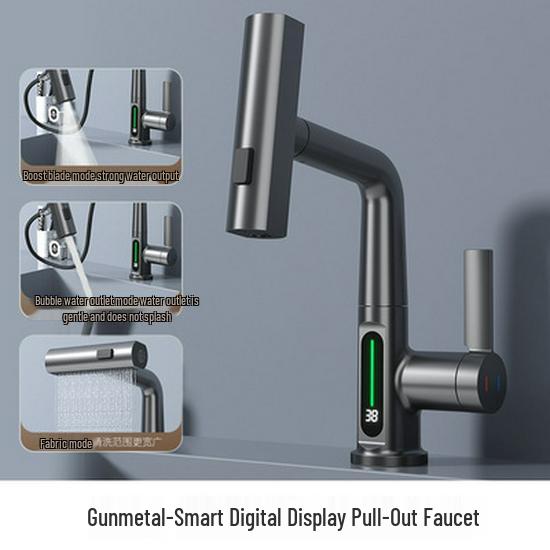 Rotating Brass Countertop Basin Faucet with Digital Display & Aerated Waterfall