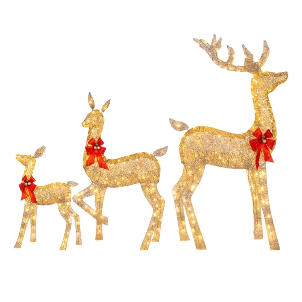 Christmas Lighted Reindeers Family with Red Bow Props Decor Holiday Luminous