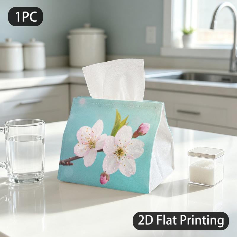 1pc Tissue Box, Natural Elegant Cherry Blossom Dew Fresh Beauty Pattern, 2D Flat Printing, Polyester Fabric, Built to Last, Tissue Pouch, for Formal M