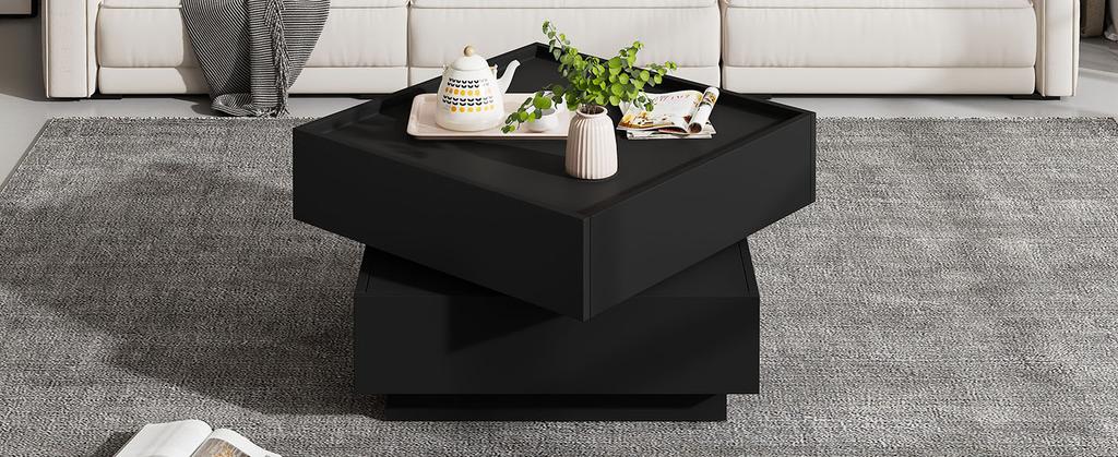 Functional Coffee Table for the Living Room, 360 degrees Rotatable, Rotating Tabletop with 2 Shelves and Storage Space, Side Table Frame Black