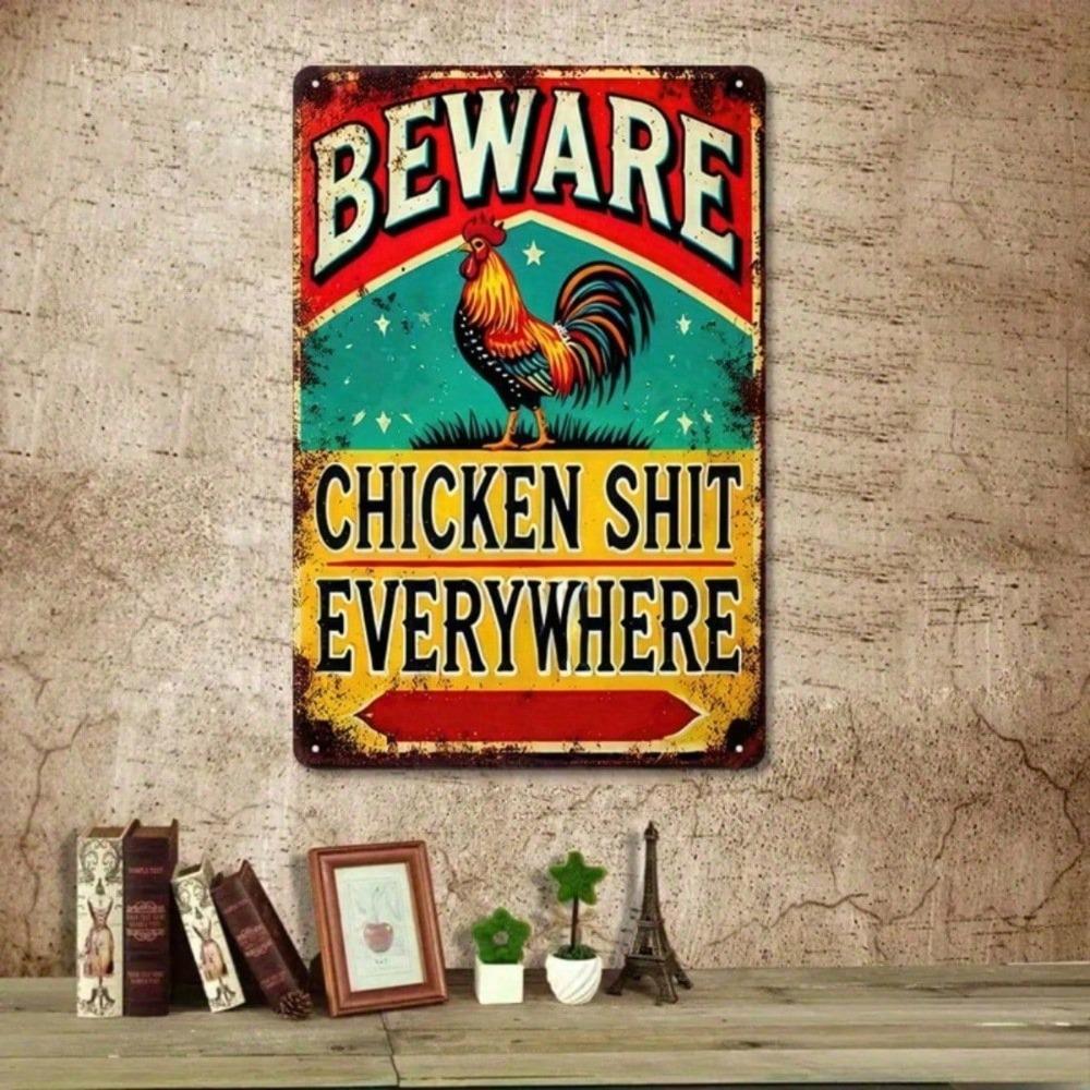 1PC Funny Beware Of Chicken Metal Sign, Rustic Farmhouse Wall Art, Humorous Farm Yard Decor, Tin Country Sign, Outdoor Decor