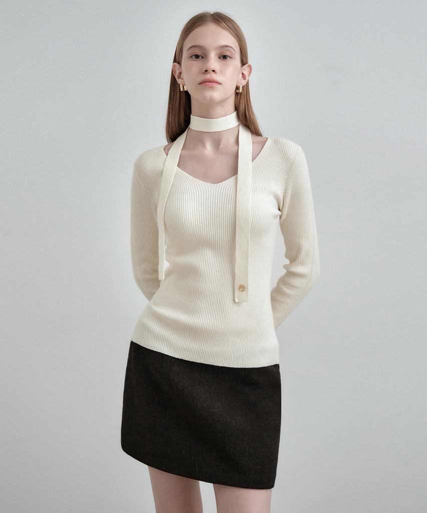 MONGDOL [Muffler Set] V-Neck Slim Ribbed Knit Top Mdkt122_6 Colors