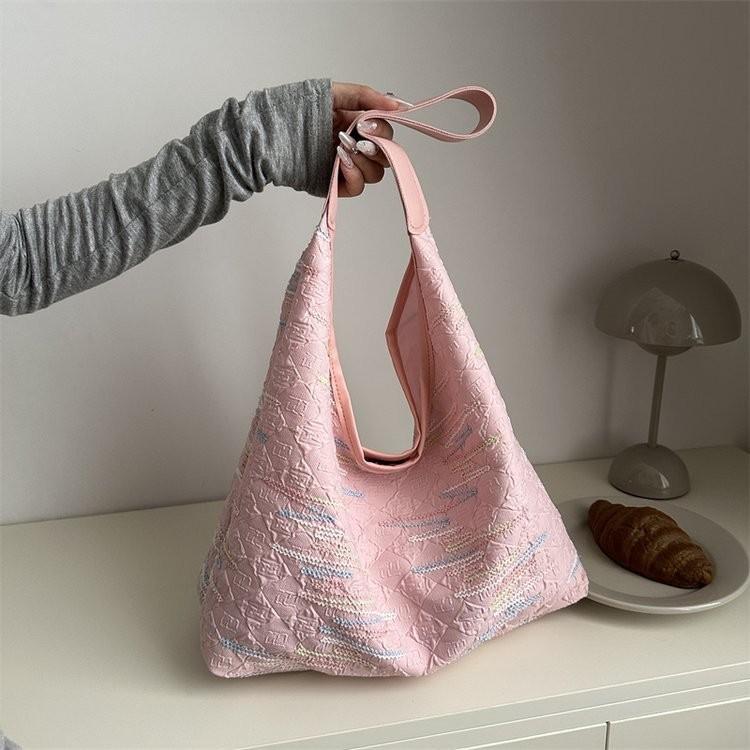 

Modern Large Capacity Women s Canvas Handbag With Bright Stripes For Stylish Occasions рожевий