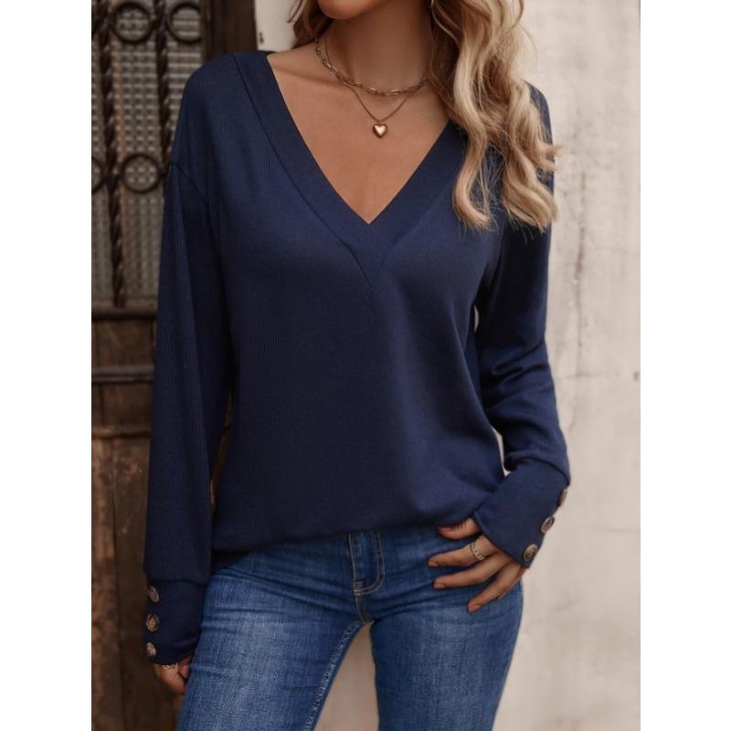 Blusas y Camisas Casuales de Moda para Mujer JPNTKY Estampado de Color Sólido Manga Larga Cuello en V