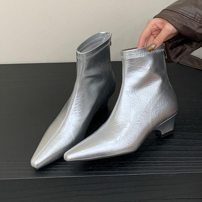 Fashion Silver Female Low Heel Women Ankle Stretch Boots Zippers Fashion Pointed Toe Ladies Modern Short Boots Pumps Shoes Lady