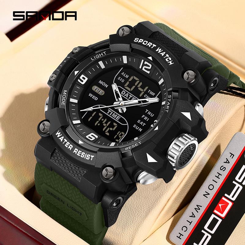 Sanda Dual-Movement Sports Watch with Countdown, Alarm, Night Light, Waterproof, and Multi-Function Features for Students.