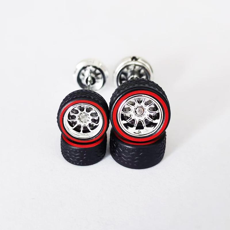 10 Sets 10.8mm 12.8mm 1/64 Alloy Car Staggered Wheels Front Small Rear Large Wheel Progressive Drag Tires Advan for Hot Wheel