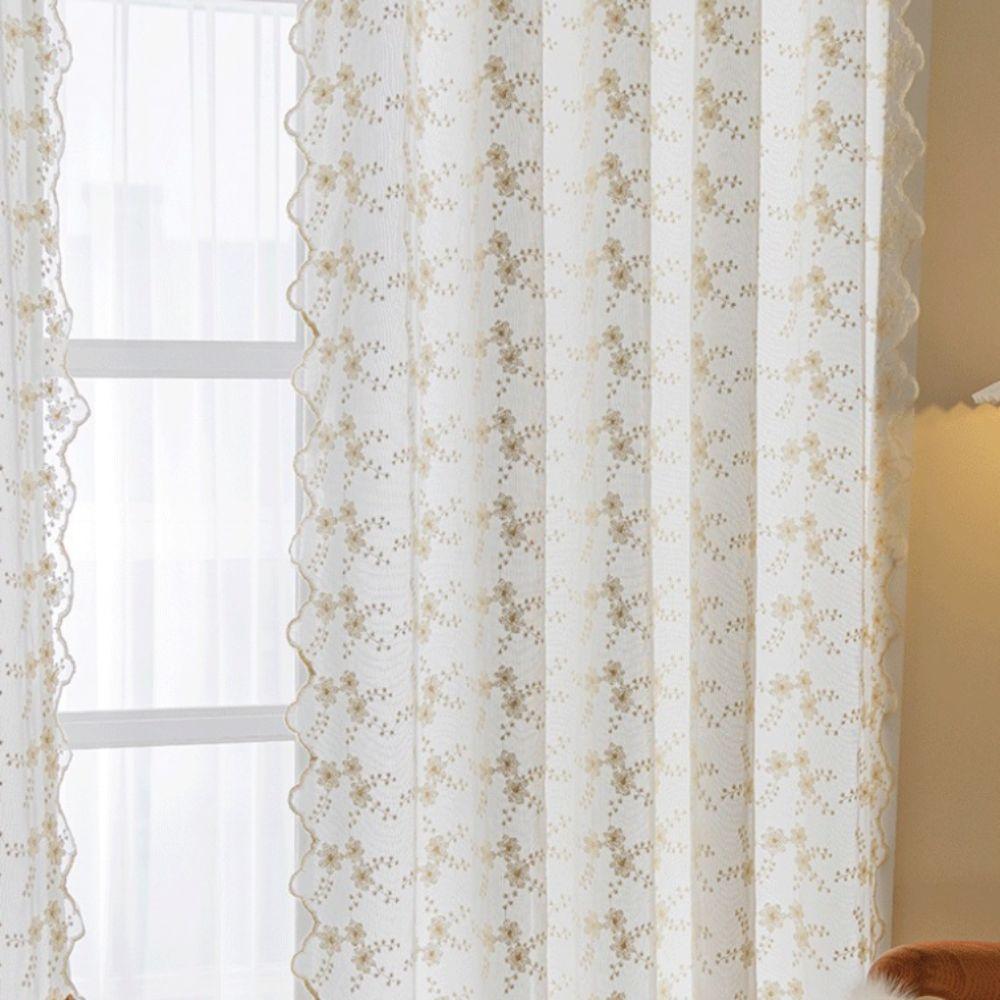Praktische Blumenstickerei Französische Spitzenvorhänge Beige Pastoraler Stil Fensterdekoration Tüll Vintage Türvorhang Heimdekoration