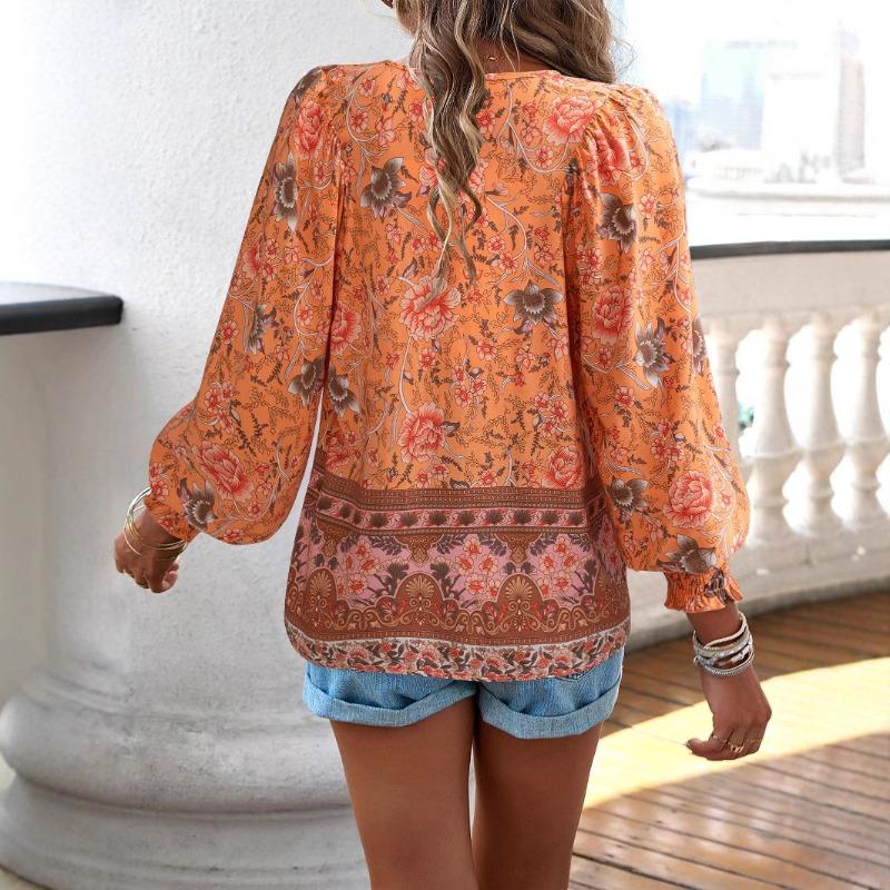 TIFICY Damenmode, lässig, Frühling und Herbst, Blumenmuster, bedruckt, langärmelig, V-Ausschnitt, Blusen und Hemden