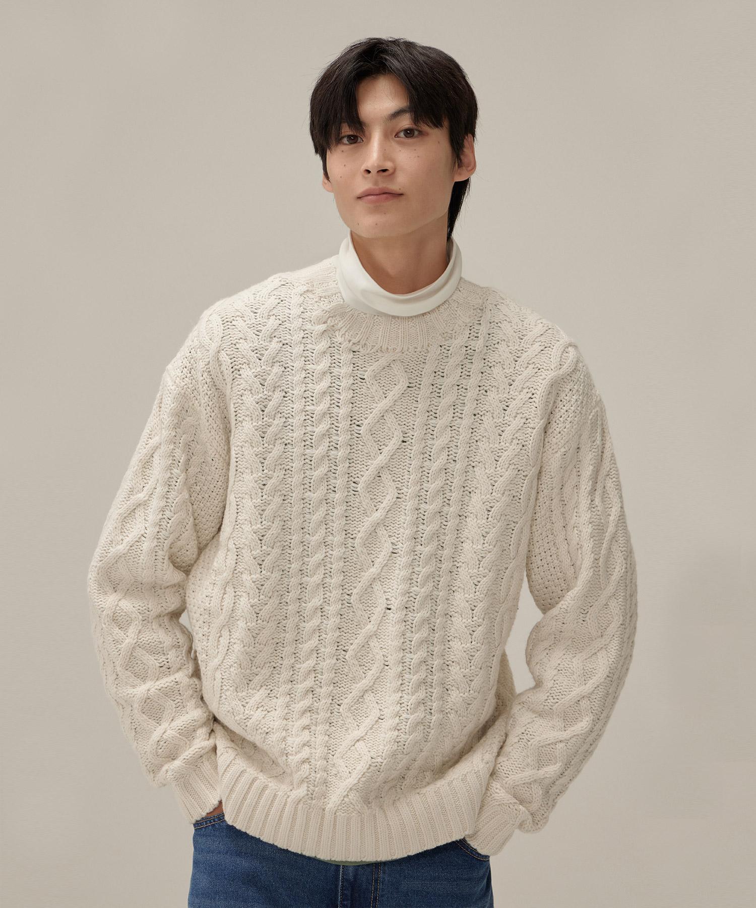 Covernat Mixed Texture Fisherman Crew Neck Knit Ivory Ivory/M