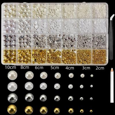 28 Grids High Gloss Resin & Pearls: Gold, Silver, Colored Round & White Flat Bottom Rhinestones for Nail Art