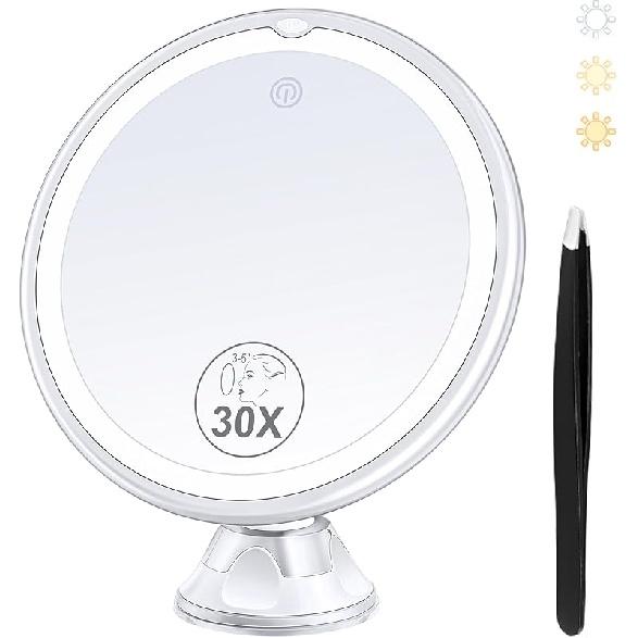 Magnifying Mirror with Light 30X, Lighted Makeup Mirror 30X for Precision Makeup, 3 Color Modes and Adjustable Brightness, 360° Swivel Magnifying White-3aaa