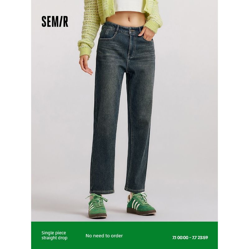 

[Same Style with Mall] Senma Denim Female Fleece-lined Distressed Pants Retro 2024 New Arrival Winter Slimming Straight-Leg Pants Denim washed black 98201 27