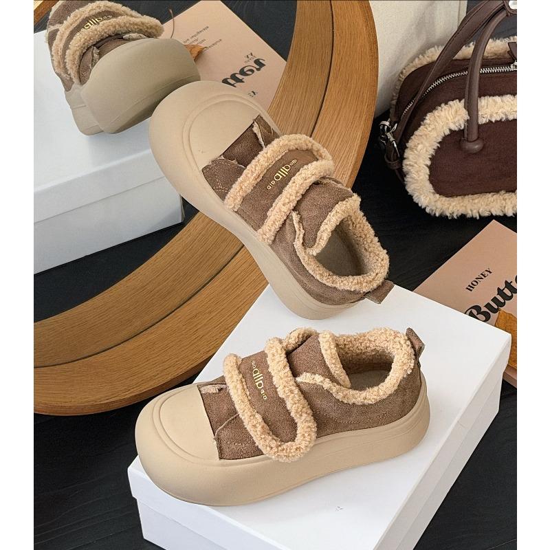 Leather snow boots women's winter new round head Velcro thickened warm platform casual cotton shoes tide