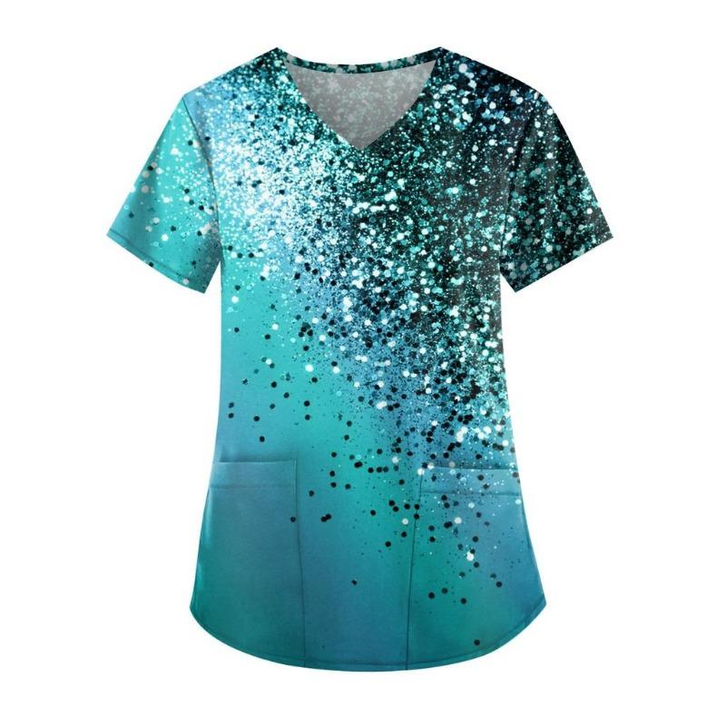 Casual Nurse Uniform Print Women Short Sleeve Tops V-neck Blouse Shirt Pocket Beauty Care Scrub Uniforms Enfermera Mujer 2023