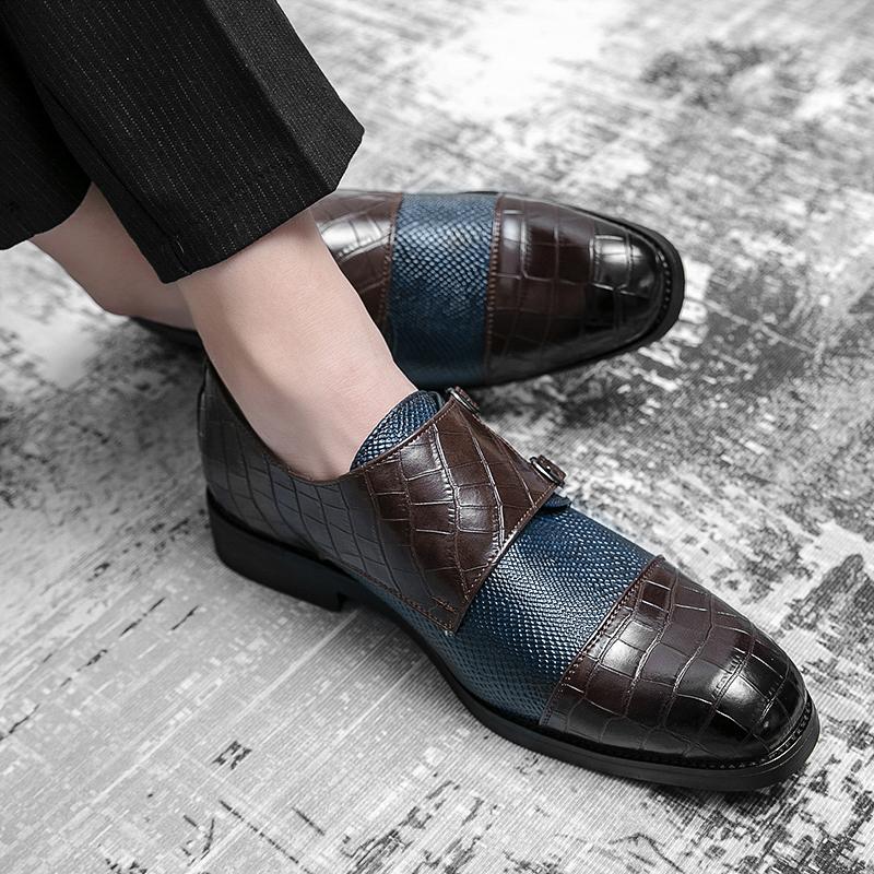 Fashion Mens Dress Shoes PU Leather Double Buckle Monk Strap Men Shoes Snake Print Cap Toe Classic Italian Shoes Zapatos Hombre Size 48